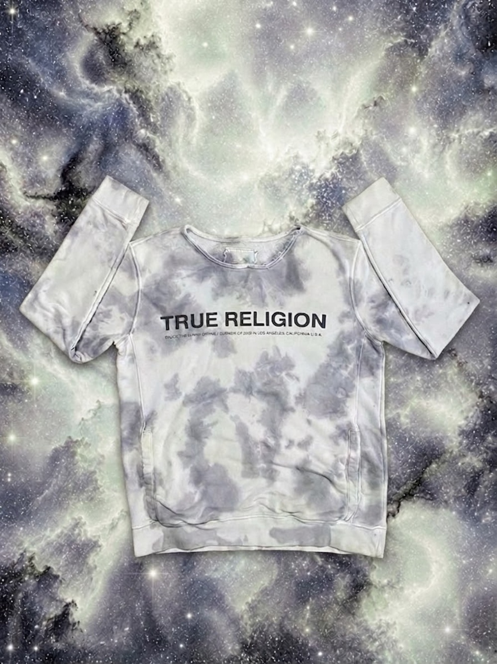True Religion Mens M Gray Tie Dye Acid Wash Logo Crewneck Sweatshirt Fleece